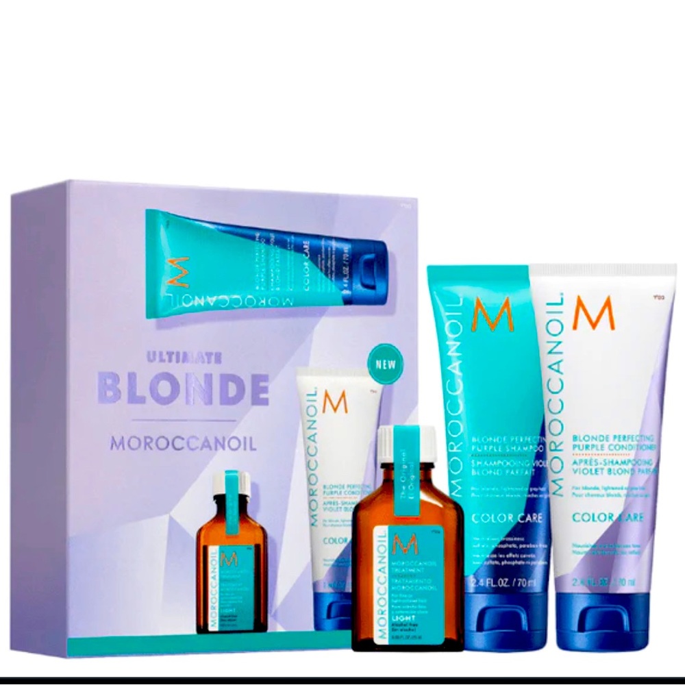 Ultimate Blonde Moroccanoil mini shampoo conditioner and treatment oil.